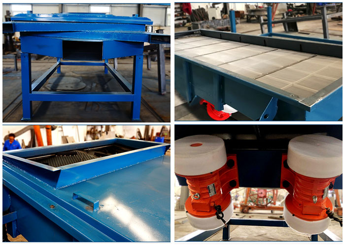 方形振動篩出料口，篩網和網架，進料口，振動電機等細節展示。