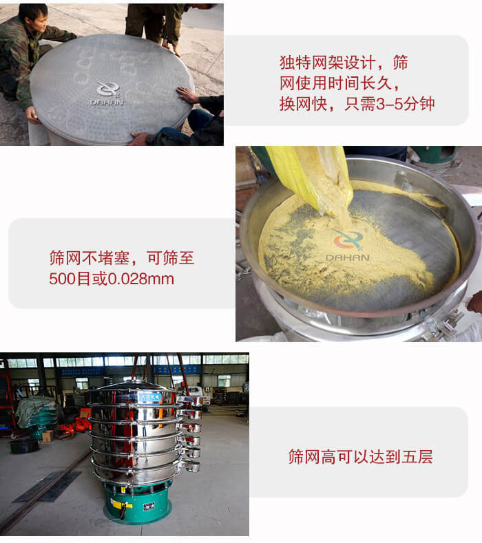 三次元振動(dòng)篩的特點(diǎn)：篩網(wǎng)使用時(shí)間長(zhǎng)換讓時(shí)間短，篩網(wǎng)不堵塞，可篩至500目或0.028mm。