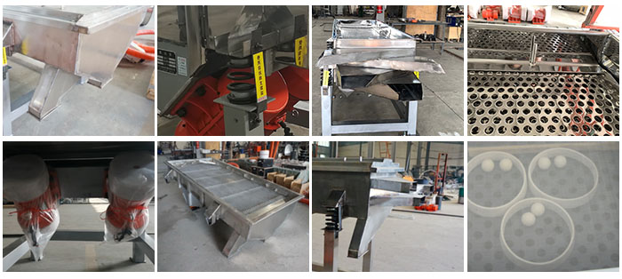 不銹鋼直線篩不同定制出料口,電機,篩網,篩箱,彈跳球等部件細節展示