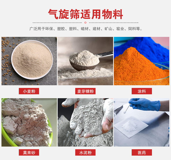 氣旋篩適用物料：小麥粉，麥芽糖粉，涂料，等粉狀物料。